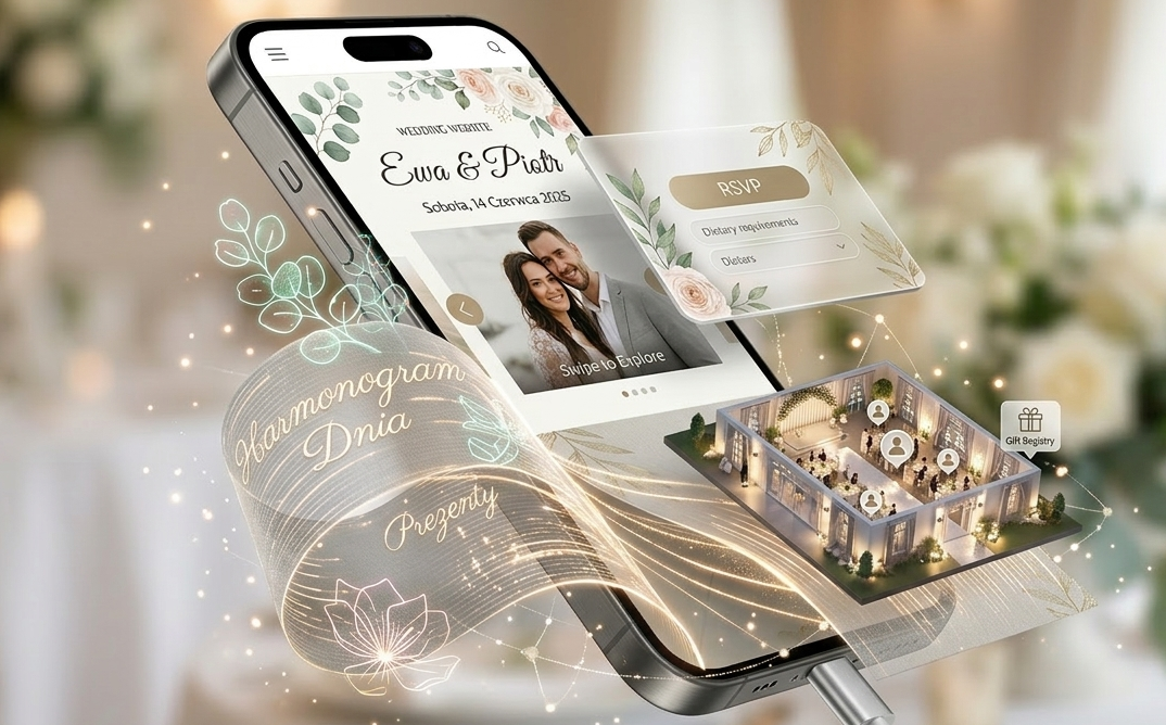 Nowoczesne cyfrowe zaproszenie ślubne 3D na ekranie smartfona, interaktywna strona ślubna z efektem wychodzenia grafiki z telefonu